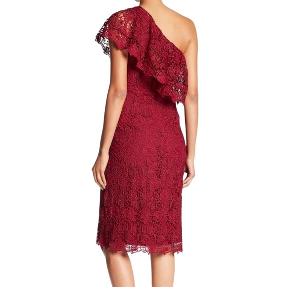 Nanette Lepore Sheath Dress Embroidered All Over Lace Cranberry Red One Shoulder - Picture 8 of 14
